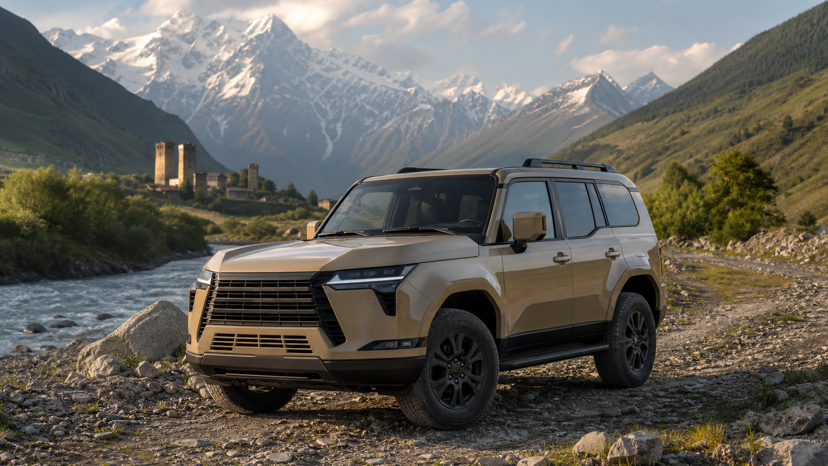 Новый Lexus GX 2025 на грунтовой дороге у реки в Сванетии — демонстрационное фото Geo Car com