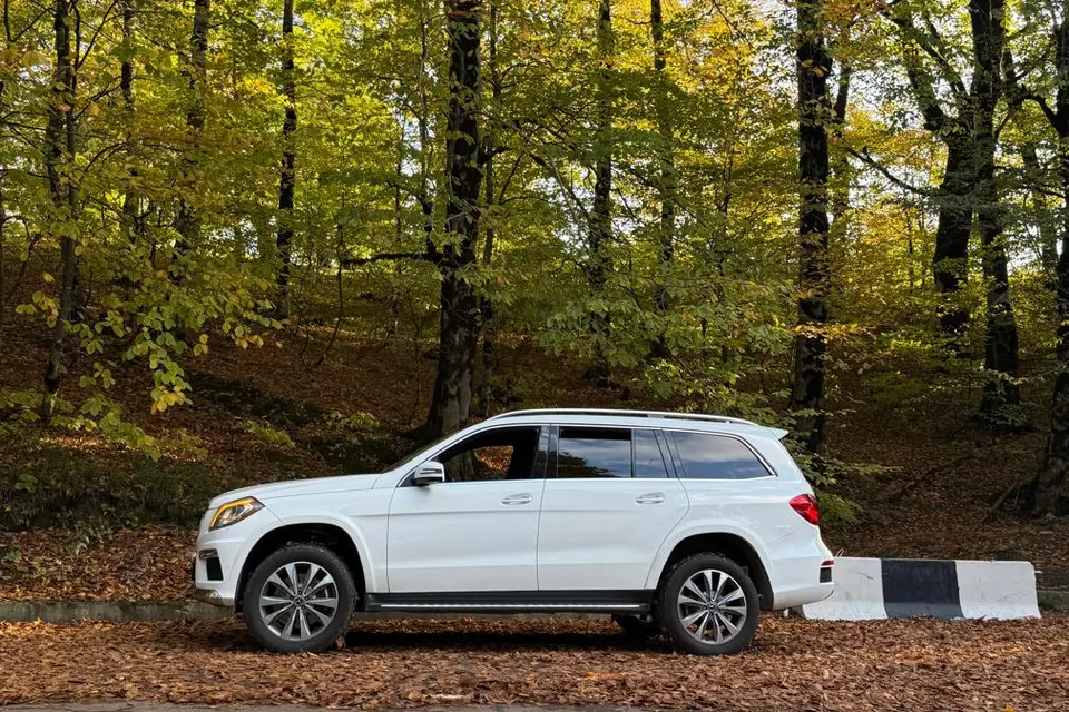 Белый Mercedes-Benz GL 350 2015 в осеннем лесу